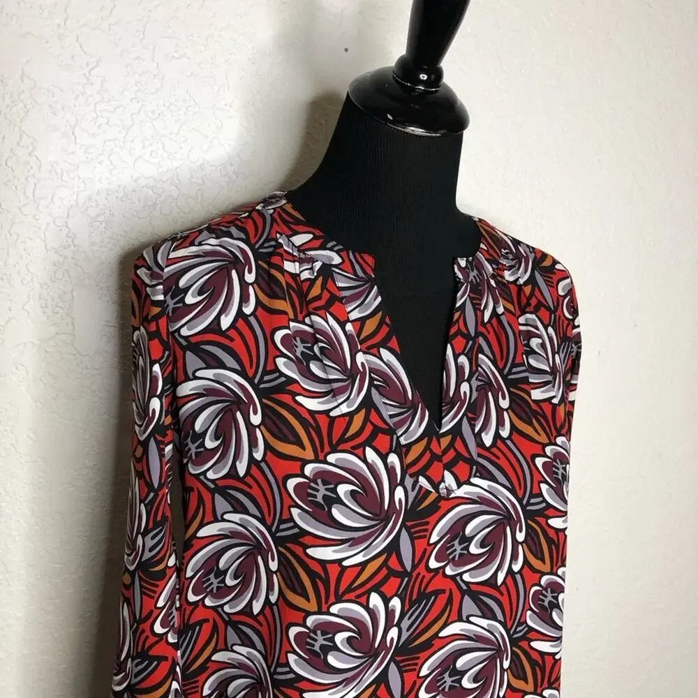 LOFT orange maroon white floral long sleeve top size Extra Small Petite XSP
